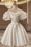 White Off The Shoulder Lace Short Formal Prom Dress, A-Line Satin Knee Length Party Dress
