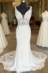 White Plunge V Strapless Lace Mermaid Long Bridal Gown Wedding Dress