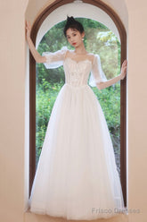 White Puff Sleeves Tulle Party Dress, A-Line Lace Scoop Neckline Evening Dress