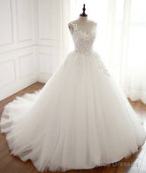 White Round Neck Tulle Lace Applique Long Wedding Dress, White Evening Dress