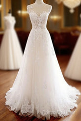 White Round Neck Tulle Lace Long Formal Prom Dress White Tulle Wedding Dress