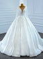 White Satin Long Sleeve Pearls Illusion Wedding Dress