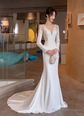 White Satin Mermaid Long Sleeves With Lace Wedding Party Dress, White Long Formal Dress