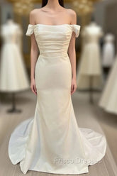 White Satin Off-The-Shoulder Mermaid Long Wedding Dress Pure Color
