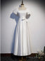 White Satin Square Puff Sleeve Bow Prom Dress