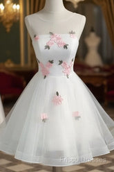 White Short Cute Graduation Party Dress , Lovely Formal Prom Dress , Formal Dress Tulle With Flowers