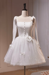 White Spaghetti Strap Short Prom Dress, White Tulle Party Dress