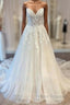 White Sweetheart A-Line Wedding Dress Tulle Lace Bridal Dress With Sweep Train Off Shoulder Elegant