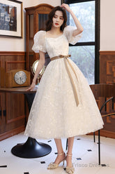 White Tulle Knee Length Prom Dress, Cute Short Sleeve Homecoming Dress