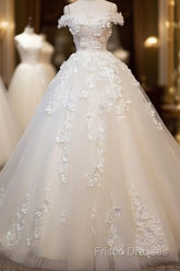 White Tulle Lace Applique Long Formal Prom Dress, White Lace Wedding Dress