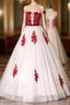 White Tulle Scoop Long Formal Dress With Red Lace, Lovely Red Formal Dress Formal Prom Dress