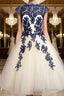 White Tulle Short Navy Blue Lace Formal Prom Dresses, Short Blue Lace Homecoming Dresses