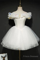 White Tulle Short Off Shoulder Homecoming Dress, White Graduation Dress