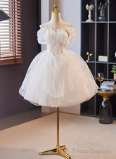 White Tulle Short Party Dress With Lace, White Straps Short Prom Dress