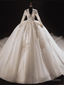 White Tulle V-neck Long Sleeve Beading Wedding Dress