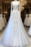 White V Neck Lace Tulle Long Wedding Dress, Lace Formal Prom Dress
