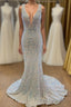 White Sequined Deep V Neck Sleeveless Glitter Formal Prom Dress Formal Prom Gown