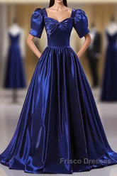 Wholesale Blue Satin Floor Length Formal Prom Dress A-Line Short Sleeve Backless Evening Party Dress