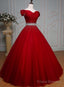 Wine Red Ball Gown Off Shoulder Beaded Party Dress, Tulle Off Shoulder Prom Dress