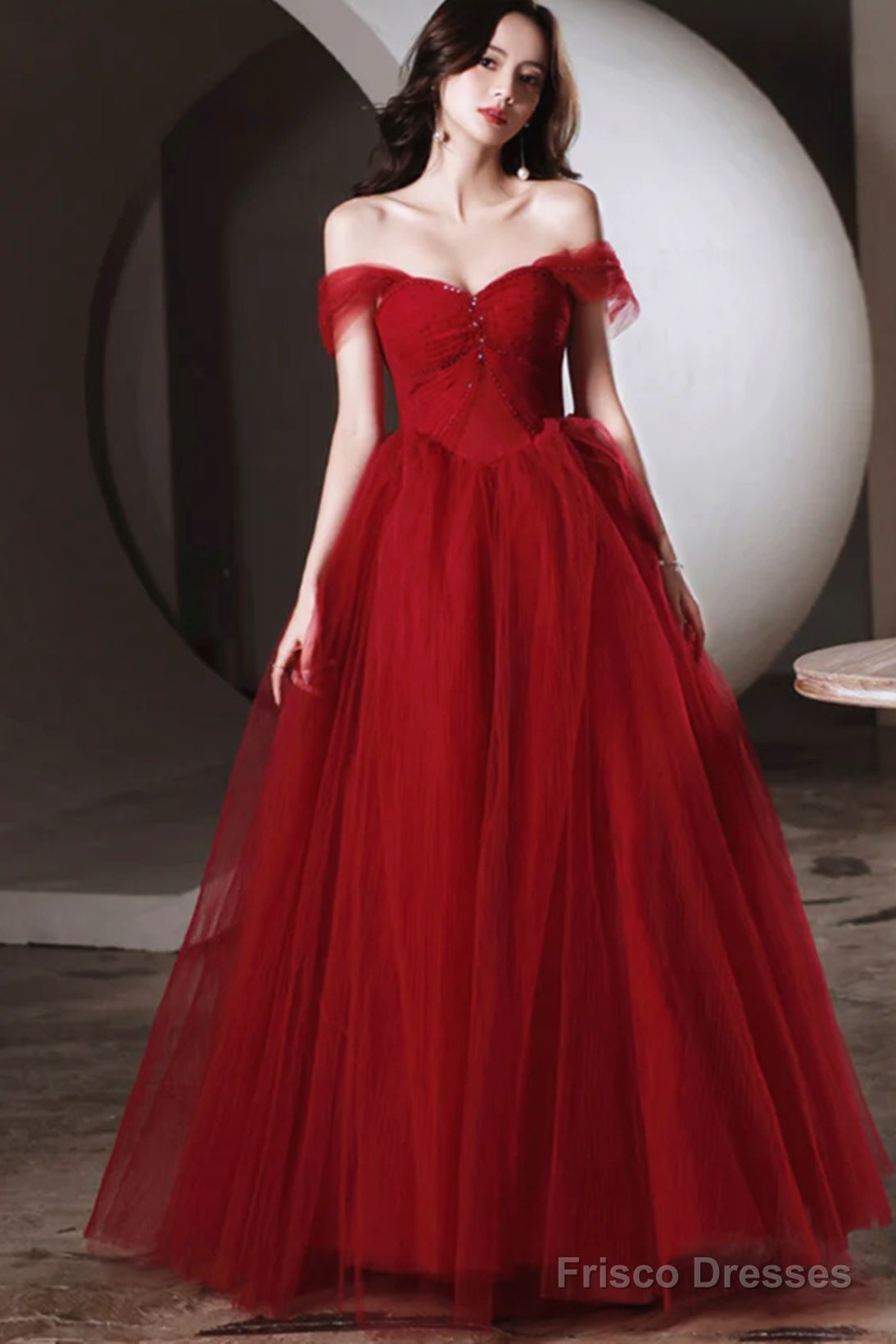 Wine Red Off Shouldertulle Long A-Line Prom Dress, Wine Red Sweetheart Frisco Dresses Wine Red Off Shouldertulle Long A-Line Prom Dress, Wine Red Sweetheart Frisco Dresses