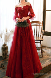 Wine Red Prom Dress Lace Evening Dress Party Dress, A-Line Wine Red Formal Dress