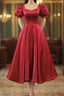 Wine Red Satin Bridesmaid Dress Party Dress, Tea Length Formal Prom Dress