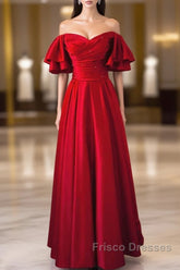 Wine Red Satin Short Sleeves Long Party Dress, Wine Red Satin Formal Prom Dress