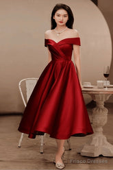 Wine Red Satin Tea Length Bridesmaid Dress Party Dress, Burgundy Satin Homecoming Dress