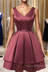 Wine Red Satin V-Neckline Short Party Dress, Wine Red Homecoming Dress