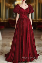 Wine Red Satin V-Neckline Short Sleeves Formal Prom Dress, Wine Red Long Party Dress
