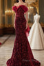 Wine Red Sequins Mermaid Long Party Dress, Off Shoulder Sweetheart Formal Prom Dress