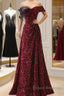 Wine Red Sequins Off Shoulder Long Party Dress, A-Line Sequins Formal Prom Dress