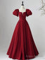 Wine Red Short Sleeves A-line Floor Length Party Dress, Long Prom Dress