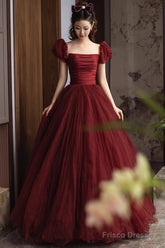 Wine Red Short Sleeves Tulle Long Party Dress, Wine Red A-Line Floor Length Prom Dress