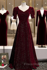 Wine Red Short Sleeves Velvet Long Formal Dress, Wine Red Evening Dress Formal Prom Dress