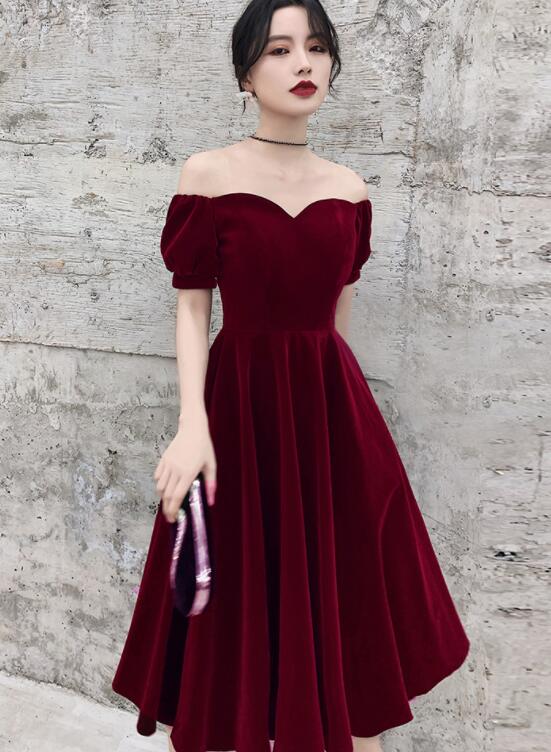 Wine Red Short Velvet Evening Dresses, Off Shoulder Prom Dresses Bride – Frisco Dresses