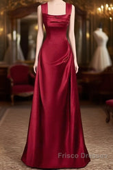 Wine Red Straps Satin Scoop Floor Length Formal Prom Dress, Wine Red Long Evening Dress
