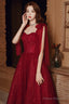 Wine Red Straps Sweetheart Shiny Tulle Party Dress, A-Line Wine Red Formal Dress