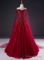 Wine Red Tulle Beaded Tulle Sparkle Long Prom Dress, Dark Red Sweet 16 Gown