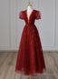 Wine Red Tulle Cap Sleeves Bridesmaid Dress, Wine Red Long Prom Dress