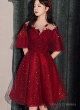 Wine Red Tulle With Lace High Neckline Homecoming Dress, Wine Red Short Prom Dress