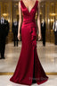 Wine Red V-Neckline Mermaid Long Party Dress With Leg Slit, Wine Red Formal Prom Dress