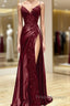 Wine Red V-Neclline Satin With Lace Long Formal Prom Dress, Wine Red Leg Slit Party Dress