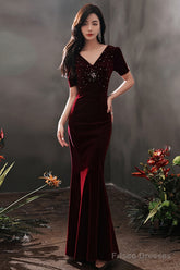 Wine Red Velvet Beaded Short Sleeves Long Party Dress, Wine Red Mermaid Prom Dress