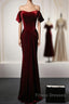 Wine Red Velvet Off Shoulder Long Mermaid Formal Prom Dress, Wine Red Velvet Eveing Dress