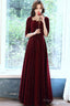 Wine Red Velvet Short Sleeves Long Formal Dress, A-Line Wine Red Prom Dress