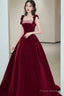 Wine Red Velvet Straps Flowers Lace-Up Long Prom Dress, Wine Red Long Party Dress