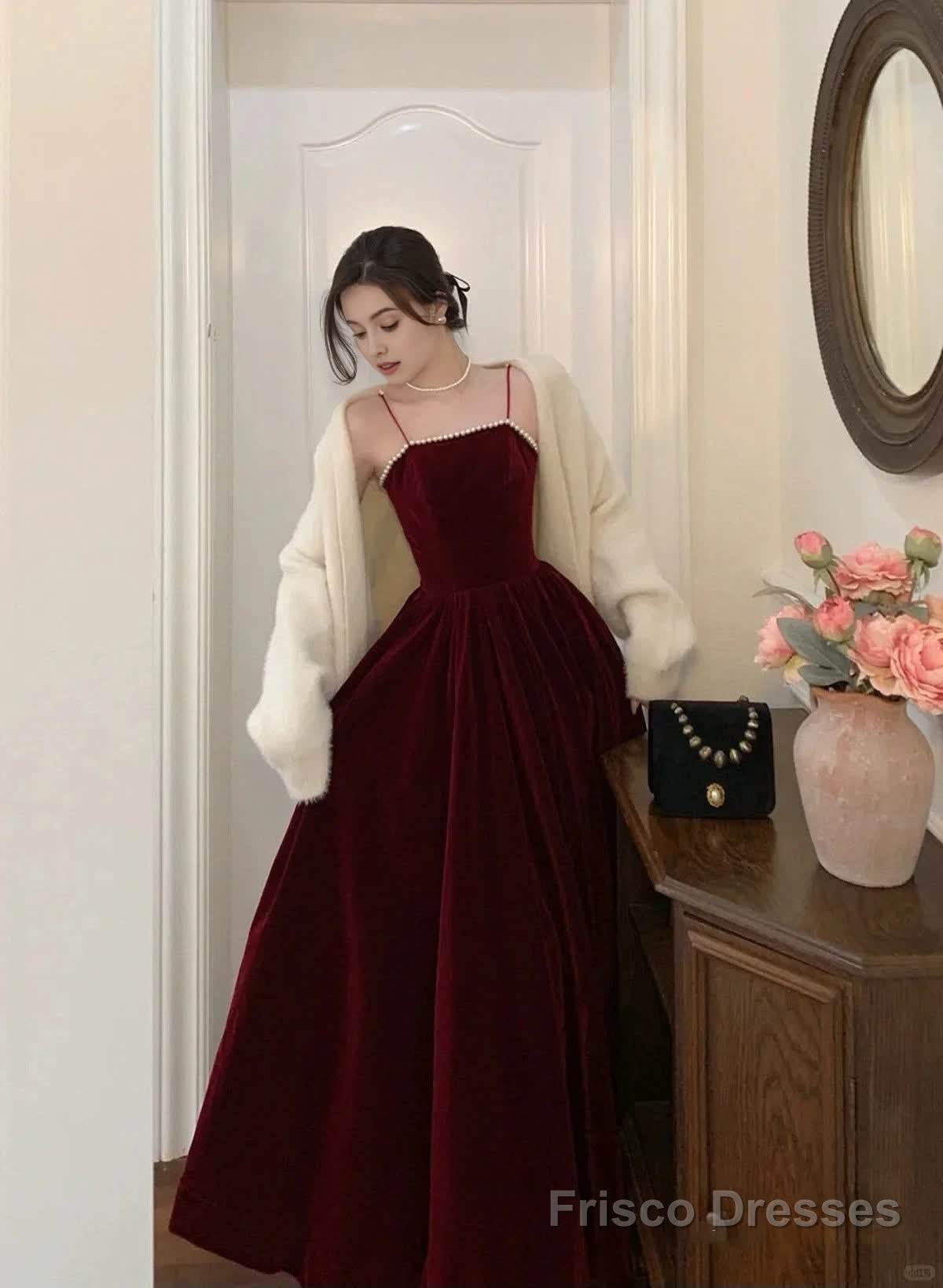 Wine Red Velvet Straps Long Evening Dress, Wine Red Velvet Prom Dress Wine Red Velvet Straps Long Evening Dress, Wine Red Velvet Prom Dress