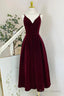 Wine Red Velvet Tea Length Homecoming Dress, Wine Red V-Neckline Party Dress