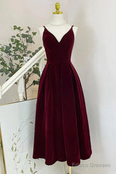 Wine Red Velvet Tea Length Homecoming Dress, Wine Red V-Neckline Party Dress